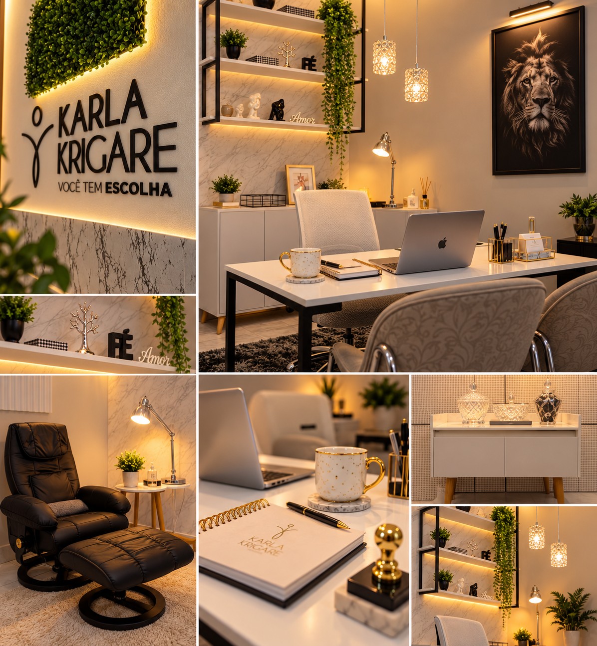 O consultório de Karla Krigare: recepção com o logo na parede, mesa de atendimento, poltrona e detalhes de decoração