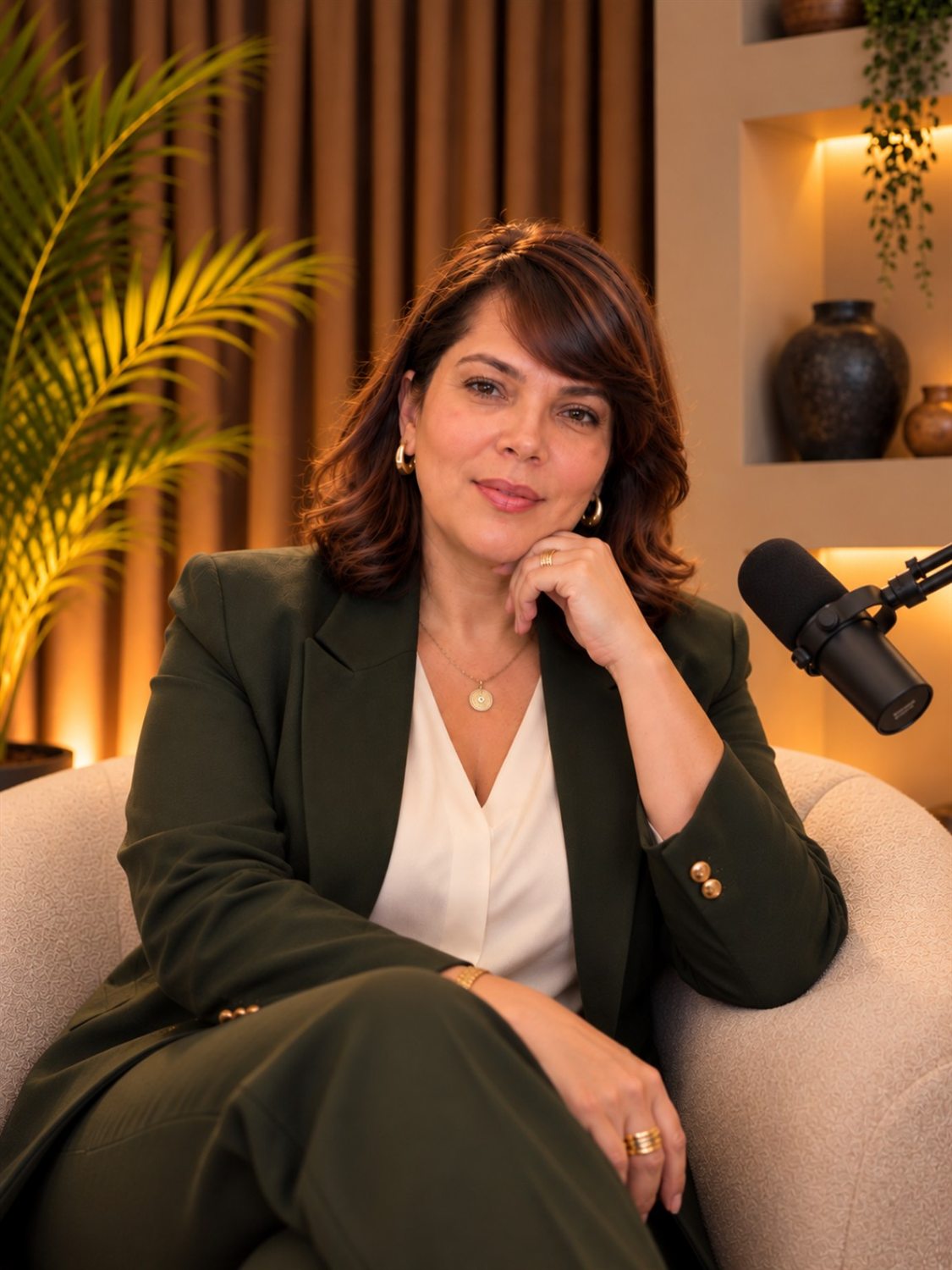 Karla Krigare em estúdio, ao lado de um microfone