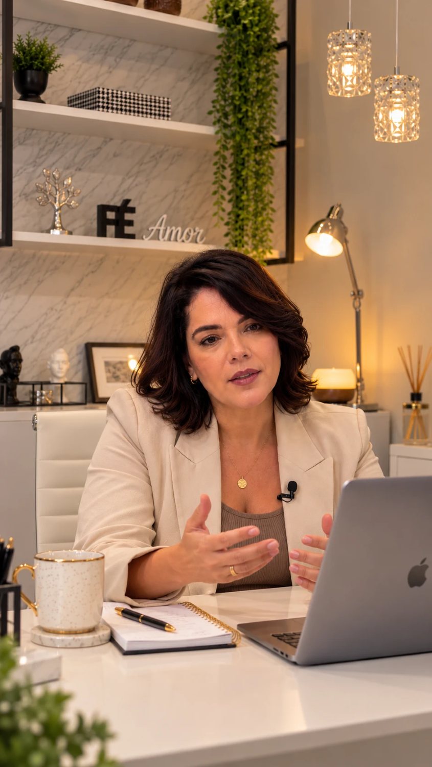 Karla Krigare em atendimento online, em frente ao notebook