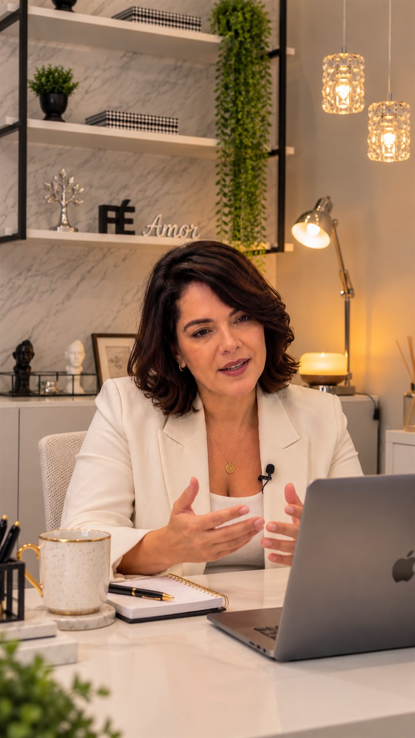 Karla Krigare atendendo em uma sessão online, em frente ao notebook